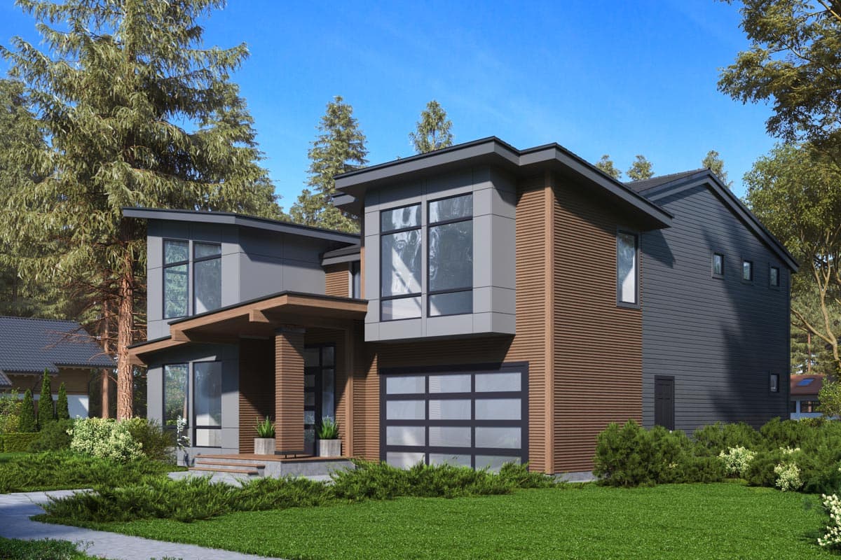 Modern house plan exterior with a cantilevered upper level, wood siding, and glass garage door.