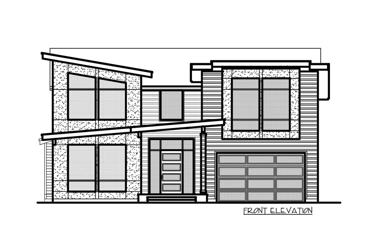 Front elevation drawing of a two-story modern house with a garage, multiple windows, and asymmetrical rooflines.