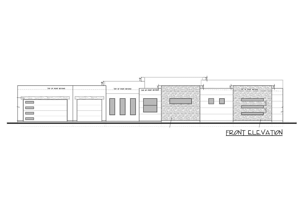 Front elevation drawing of a modern house with a two-car garage, stone facade accents, and horizontal windows.