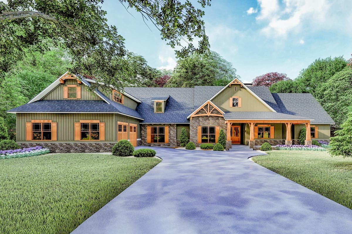 House plan exterior with Craftsman style. Features include gables, stone facade, covered porch, and multi-paned windows. Two-story structure.