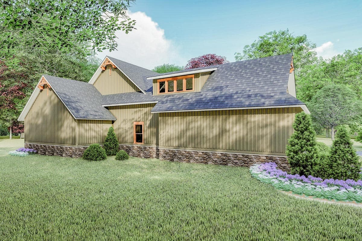 House plan exterior with board and batten siding, stone foundation, multiple gables, and a dormer with four windows.