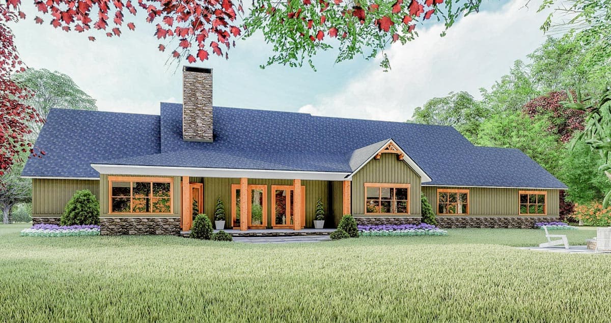 Ranch-style house plan exterior with a prominent stone chimney, wide covered porch, and multiple gables.