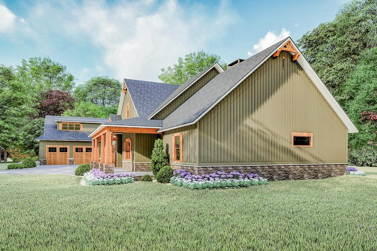 Modern Farmhouse house plan exterior with stone foundation, covered porch with timber posts, and a side-entry garage.