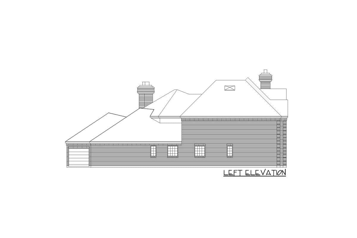 Left elevation drawing of house plan showing varied rooflines, chimneys, windows, and garage door.