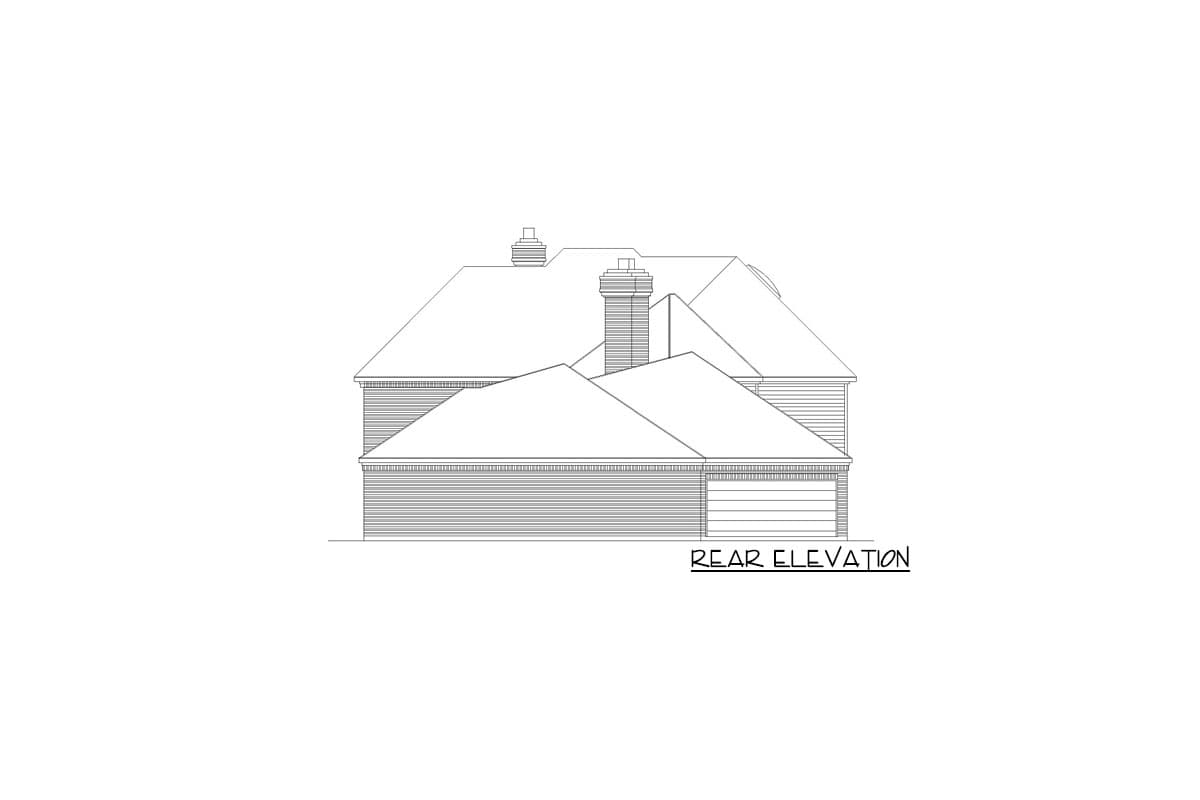Rear elevation drawing of a house with gabled rooflines, two chimneys, and an attached garage.