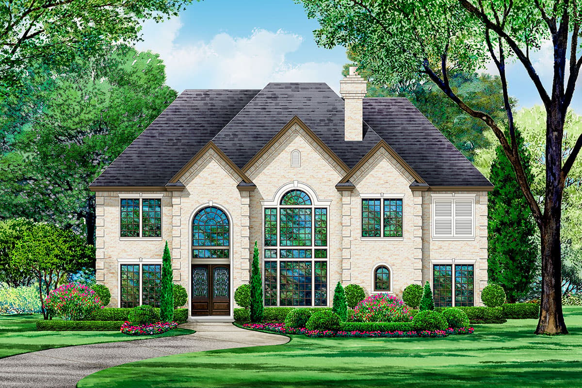House plan exterior featuring two stories, symmetrical facade with arched windows, multiple gables, and a brick exterior.