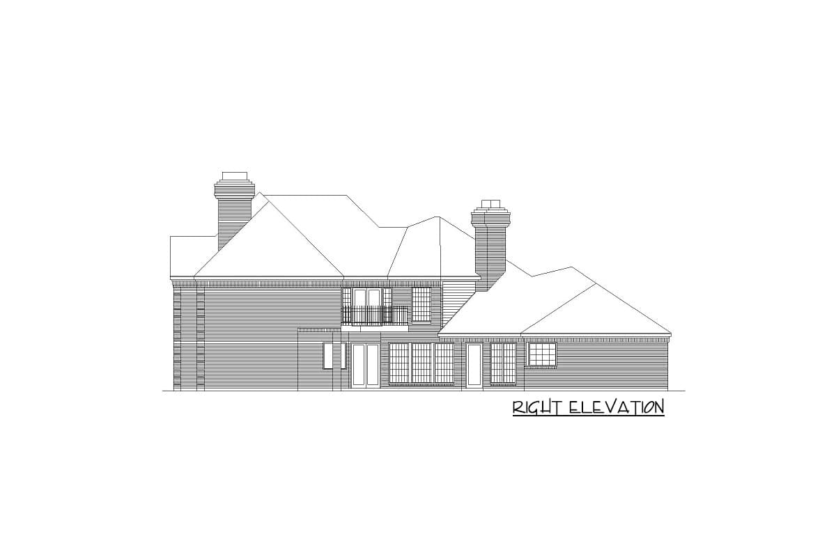 House plan right elevation showing a multi-story home with chimneys, a second-story balcony, and large windows.