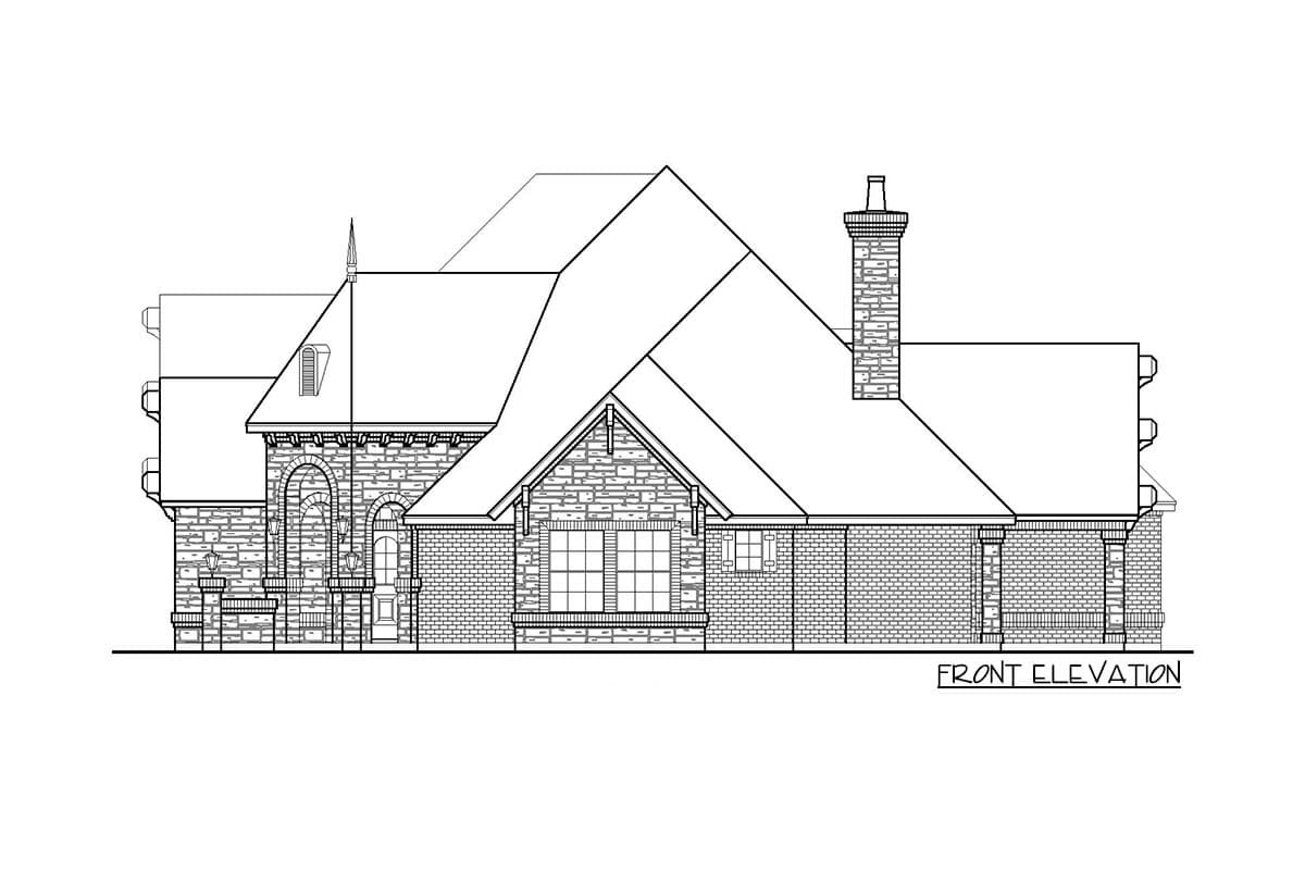 Front elevation drawing of house with stone and brick exterior, arched entry, dormer, and gabled roof.