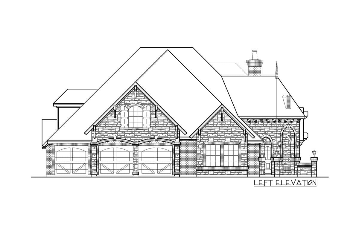 Left elevation house plan with three-car garage, stone and brick facade, arched windows, and prominent gables.