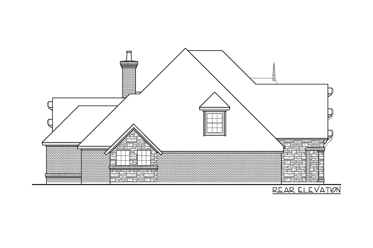 Rear elevation house plan with brick and stone facade, prominent rooflines, dormer window, and chimney.