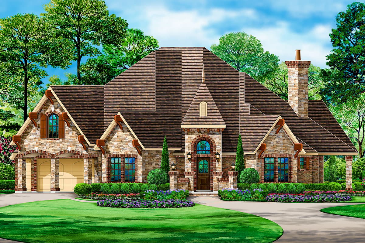House plan exterior. Two-story, stone facade home with multiple gables. Features include a front-facing garage, arched entry, and brick chimney.