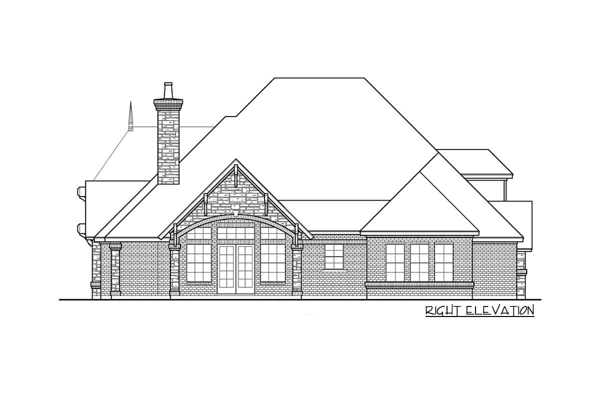 Right elevation house plan with brick facade, arched entryway, multi-pane windows, gabled dormer, and pitched roof.