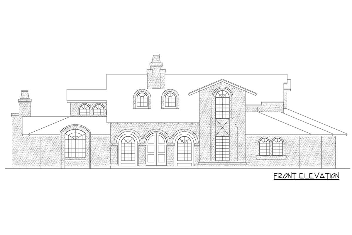 Front elevation drawing of a two-story house plan with arched windows, double doors, and prominent brickwork.