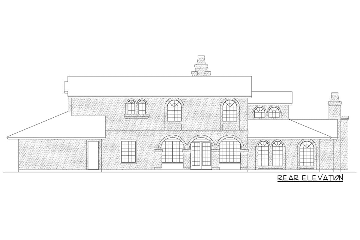 Rear elevation drawing of a two-story house plan featuring arched windows, an arcaded porch, and multiple chimneys.