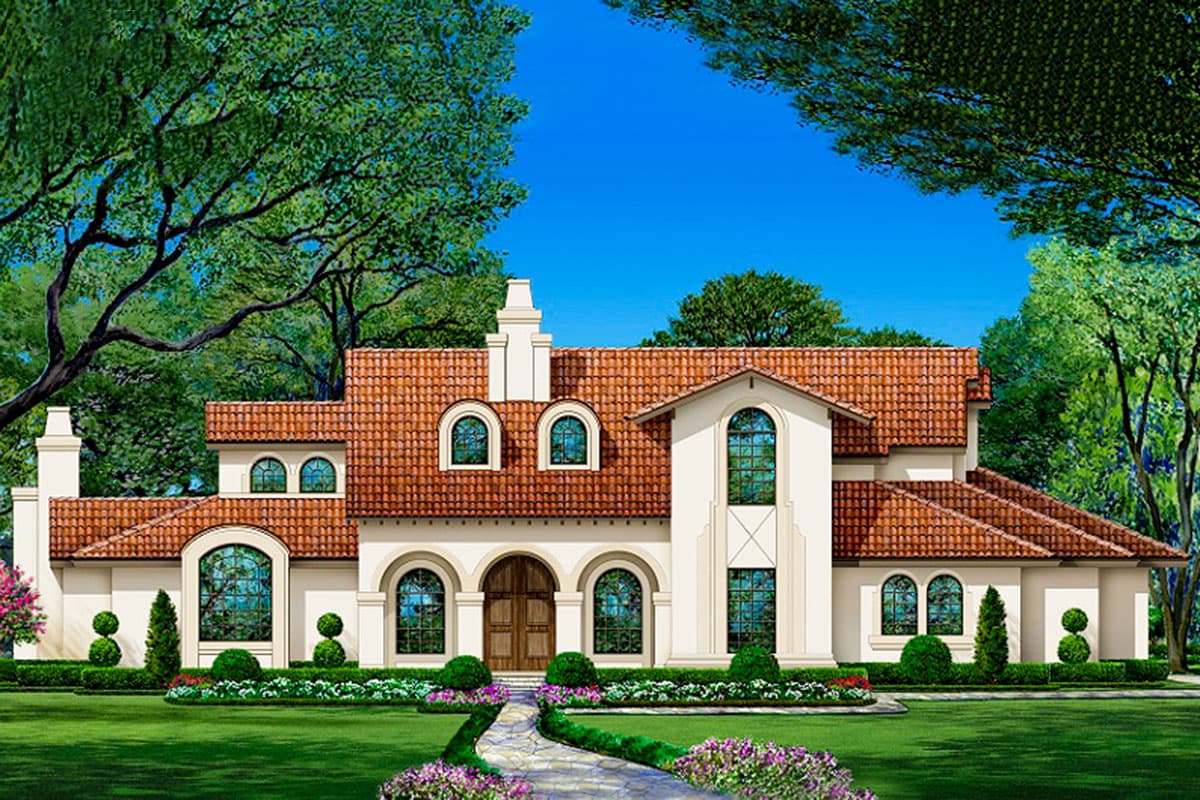 House plan exterior with two stories, a Spanish style with arched windows, red tile roof, and multiple chimneys.