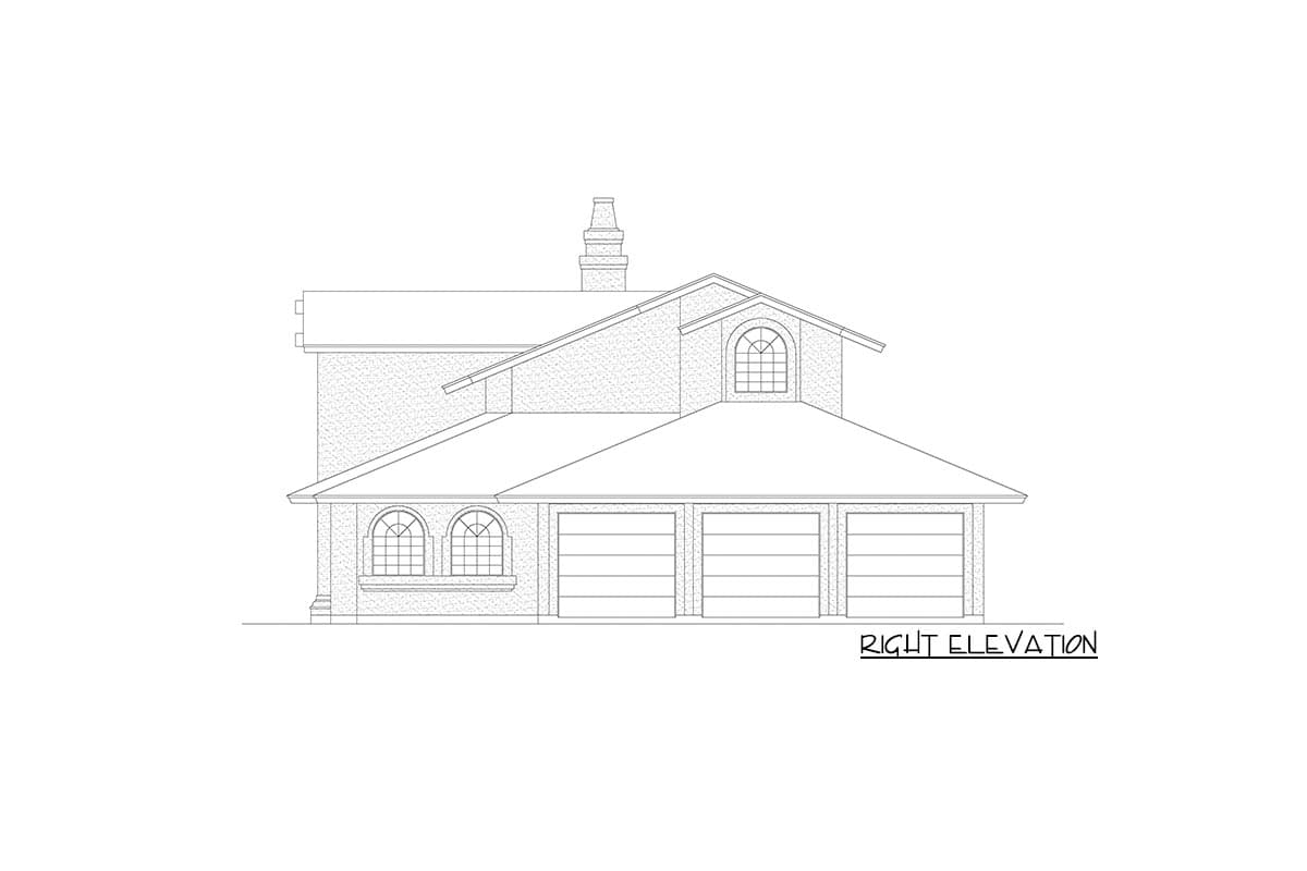 Right elevation drawing of a house plan showing a three-car garage, arched windows, and a dormer.