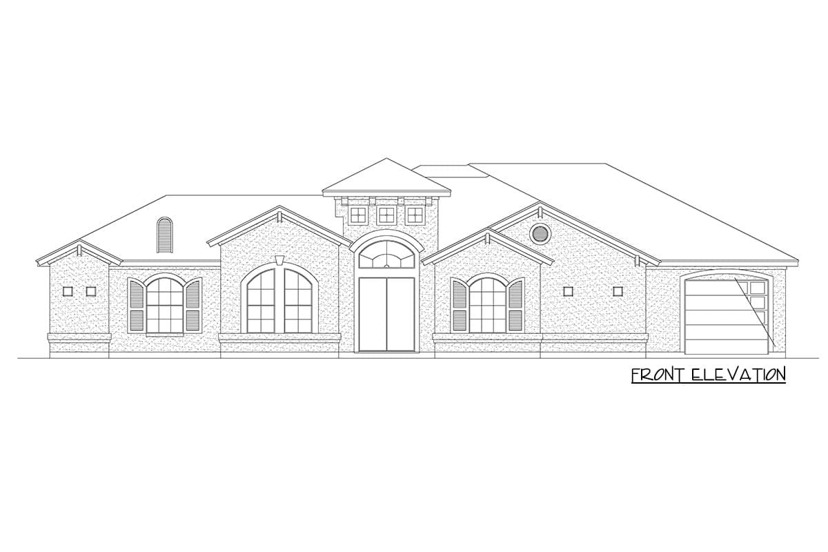 Front elevation drawing of a single-story house plan with arched windows, dormers, and a two-car garage.