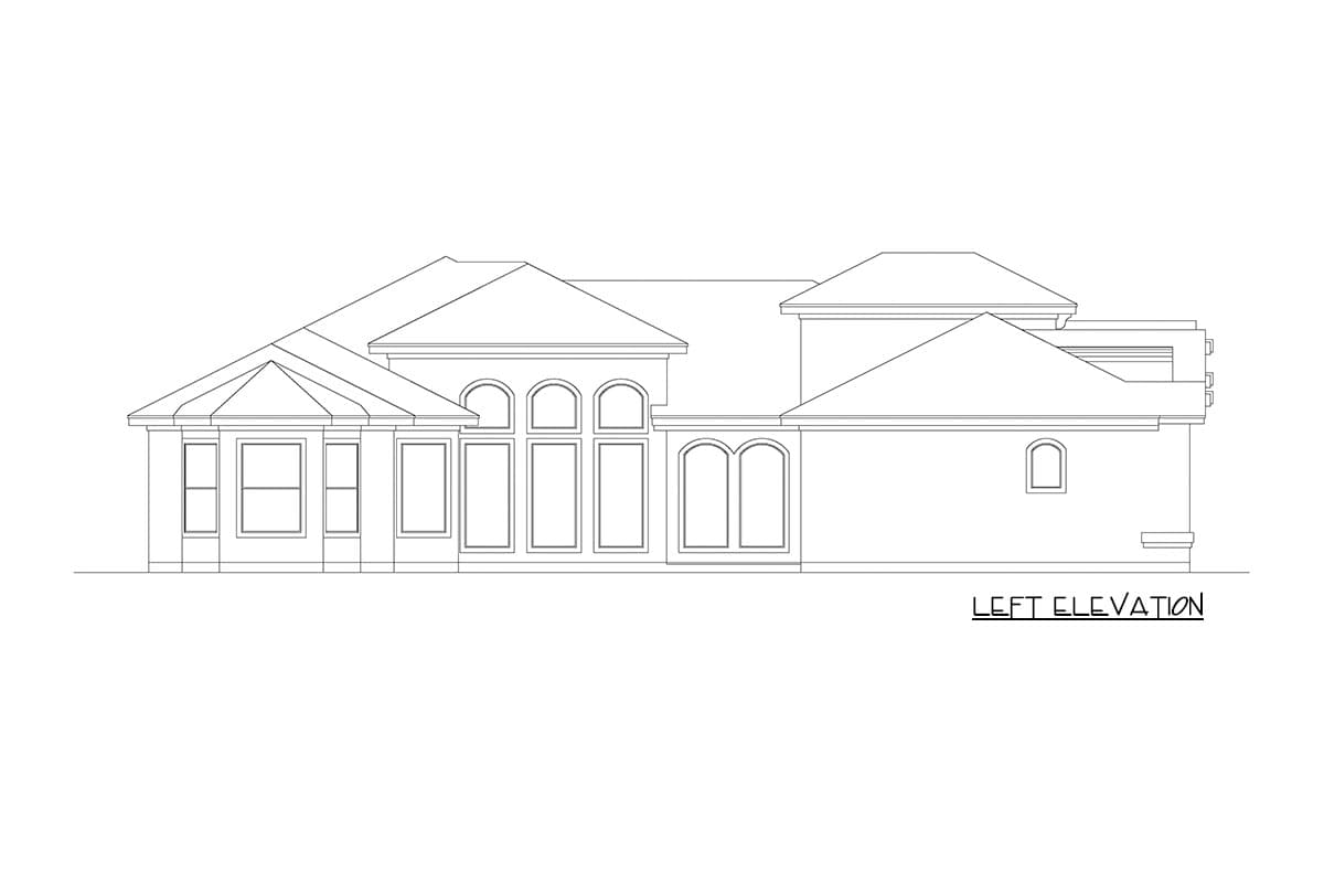 Left elevation of a house plan showing a bay window, arched windows, and a layered roofline.