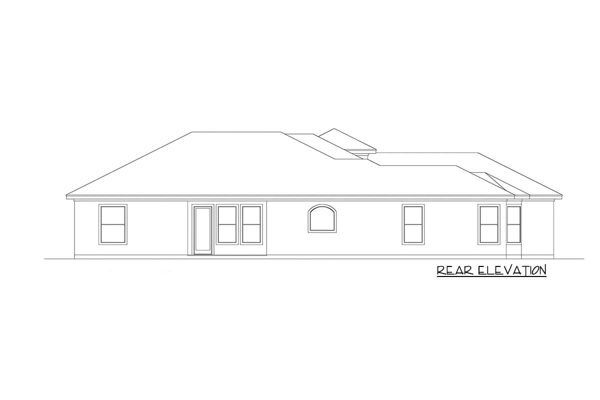 Rear elevation drawing of a single-story house plan with a prominent hip roof, a gable dormer, and several windows.
