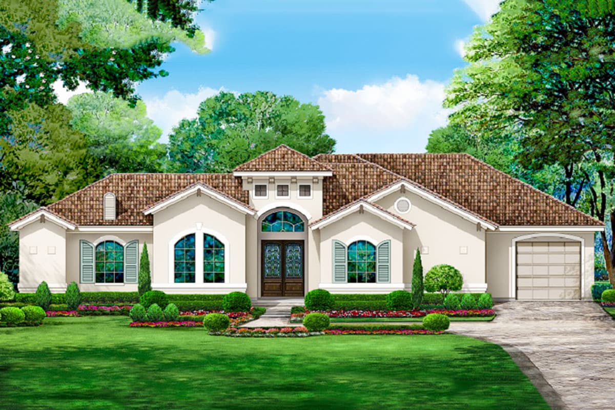 House plan exterior. One-story Ranch style home with arched windows, a barrel tile roof, and an attached garage.
