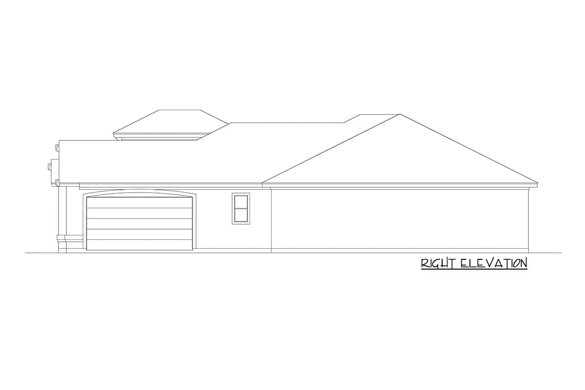 Right elevation house plan showing a single-story dwelling with a two-car garage, hip rooflines, and a prominent gable.