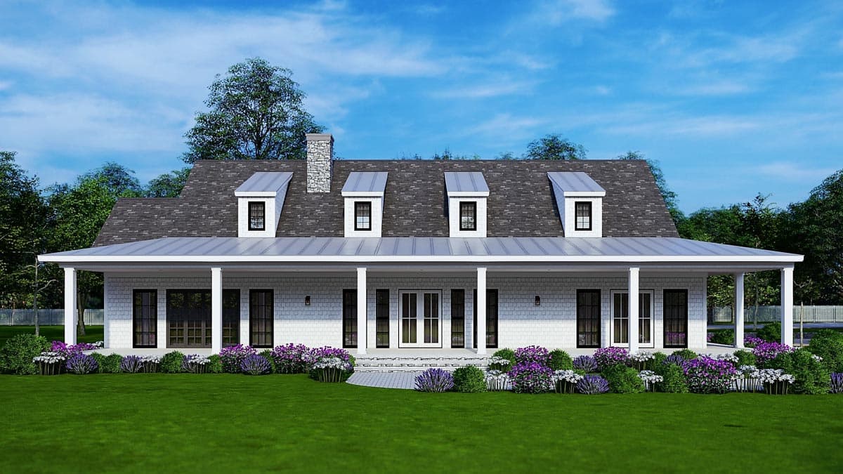 Modern Farmhouse house plan exterior with a deep covered porch, four dormers, stone chimney, and shaker siding.