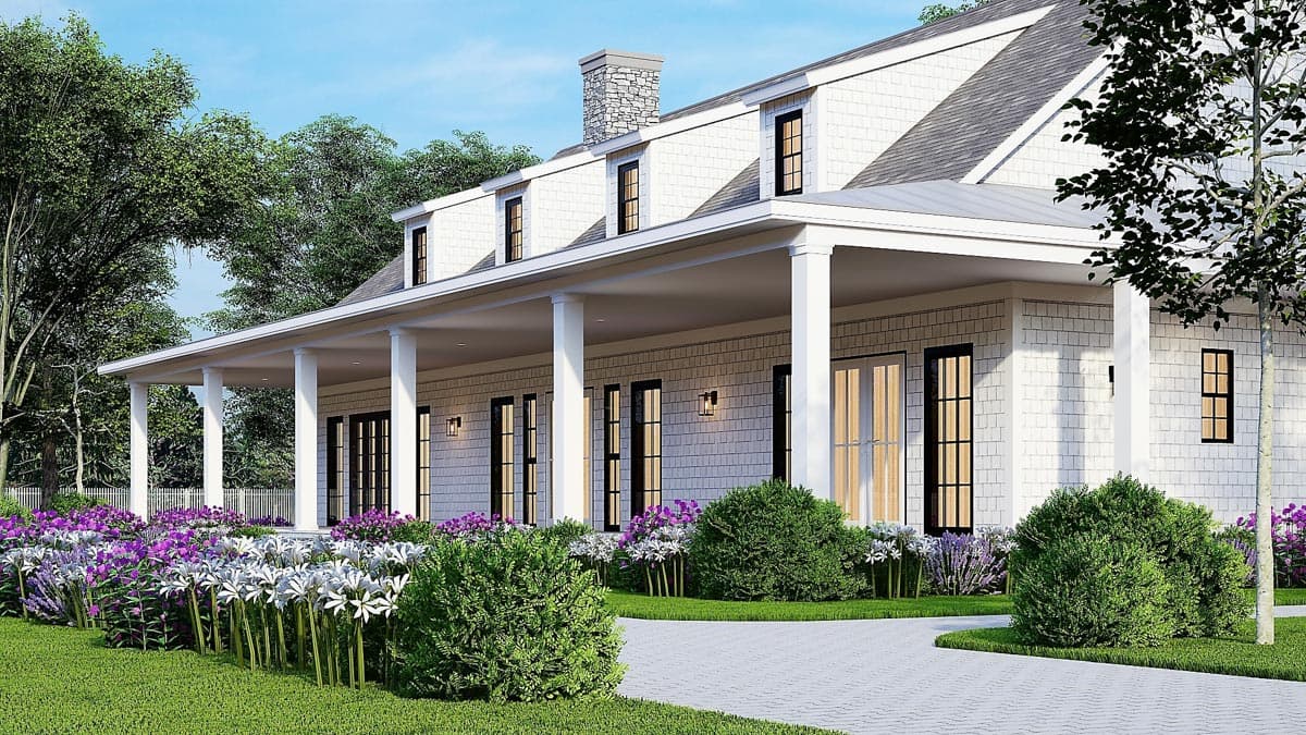 House plan exterior: Traditional two-story home with a wide wraparound porch, dormer windows, and shingle siding.