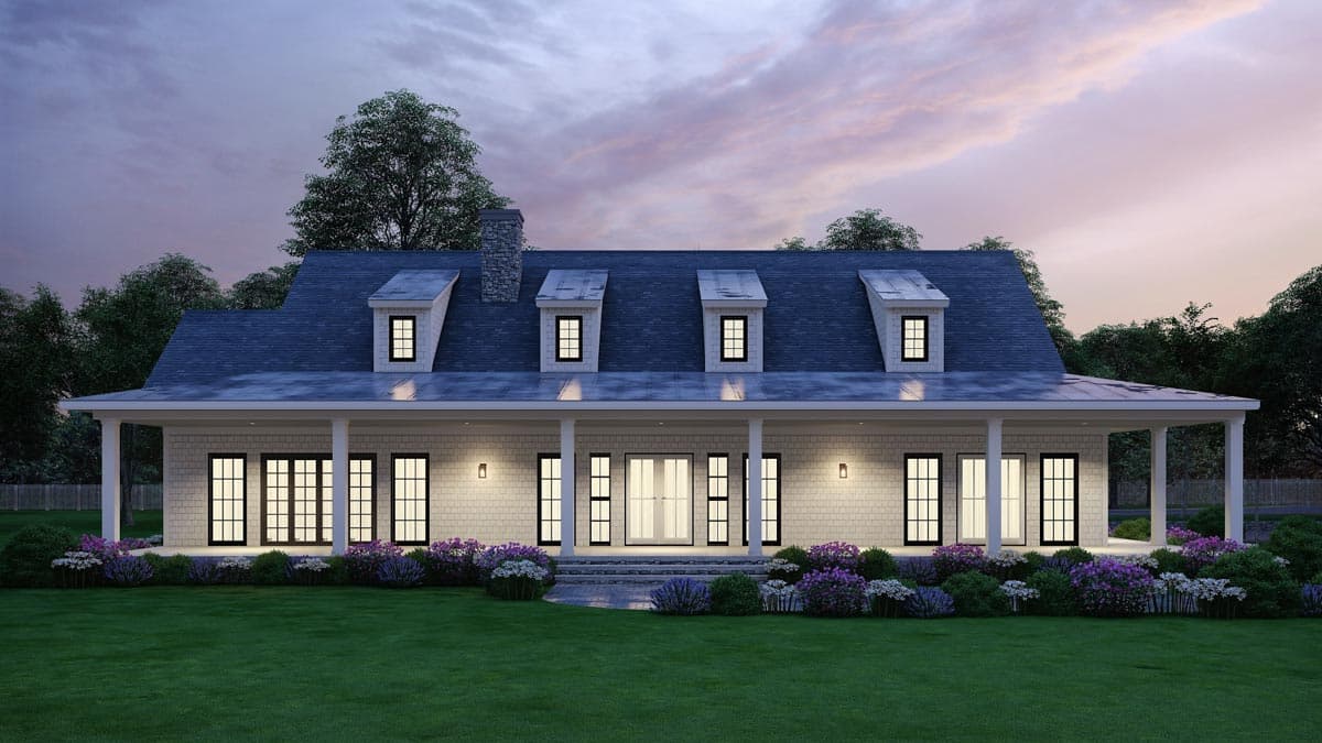 House plan exterior: Single-story Modern Farmhouse with wrap-around porch, gables, dormers, and stone chimney.