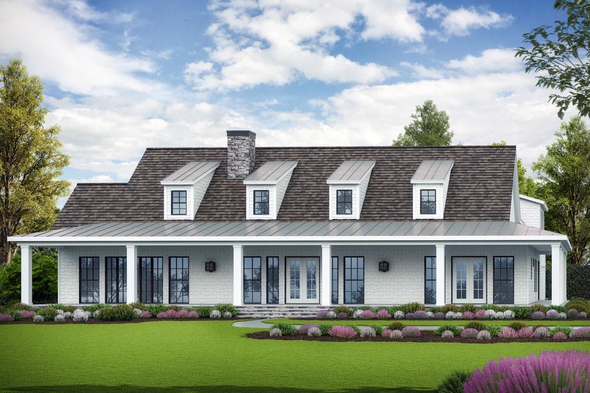House plan exterior: Modern Farmhouse style, two stories, with a wraparound porch, stone chimney, and dormer windows.