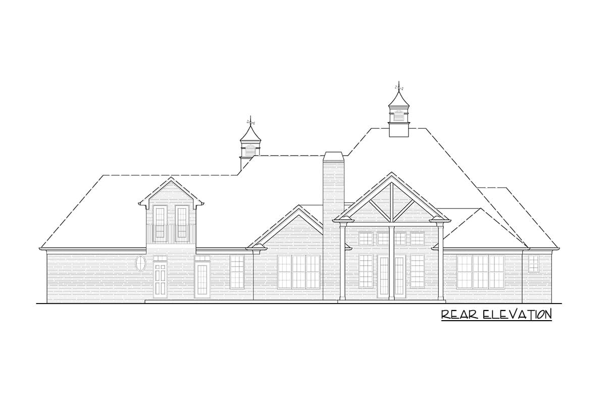 Rear elevation drawing of a house plan featuring a prominent gable with exposed beams, a central chimney, and cupolas.