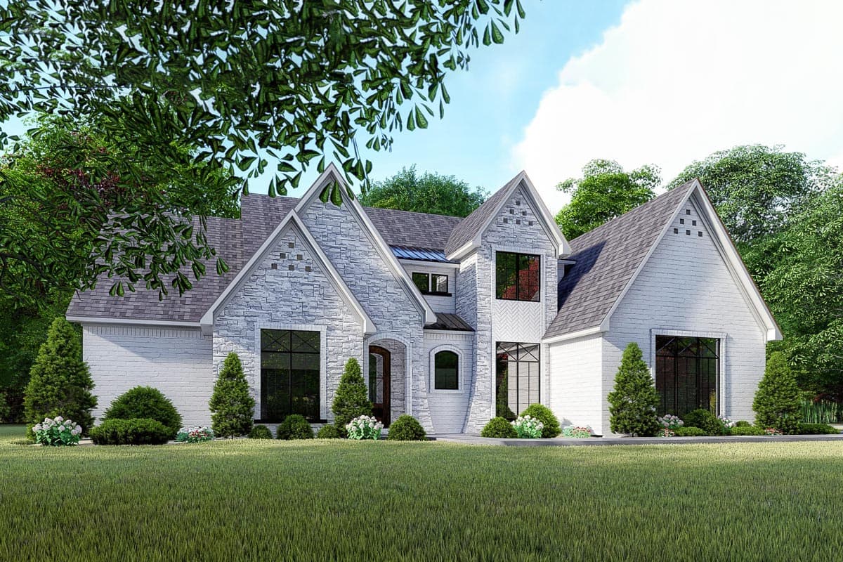 House plan exterior. Two-story with brick and stone facade, multiple gables, and large dark framed windows. Roof is gray asphalt shingle.