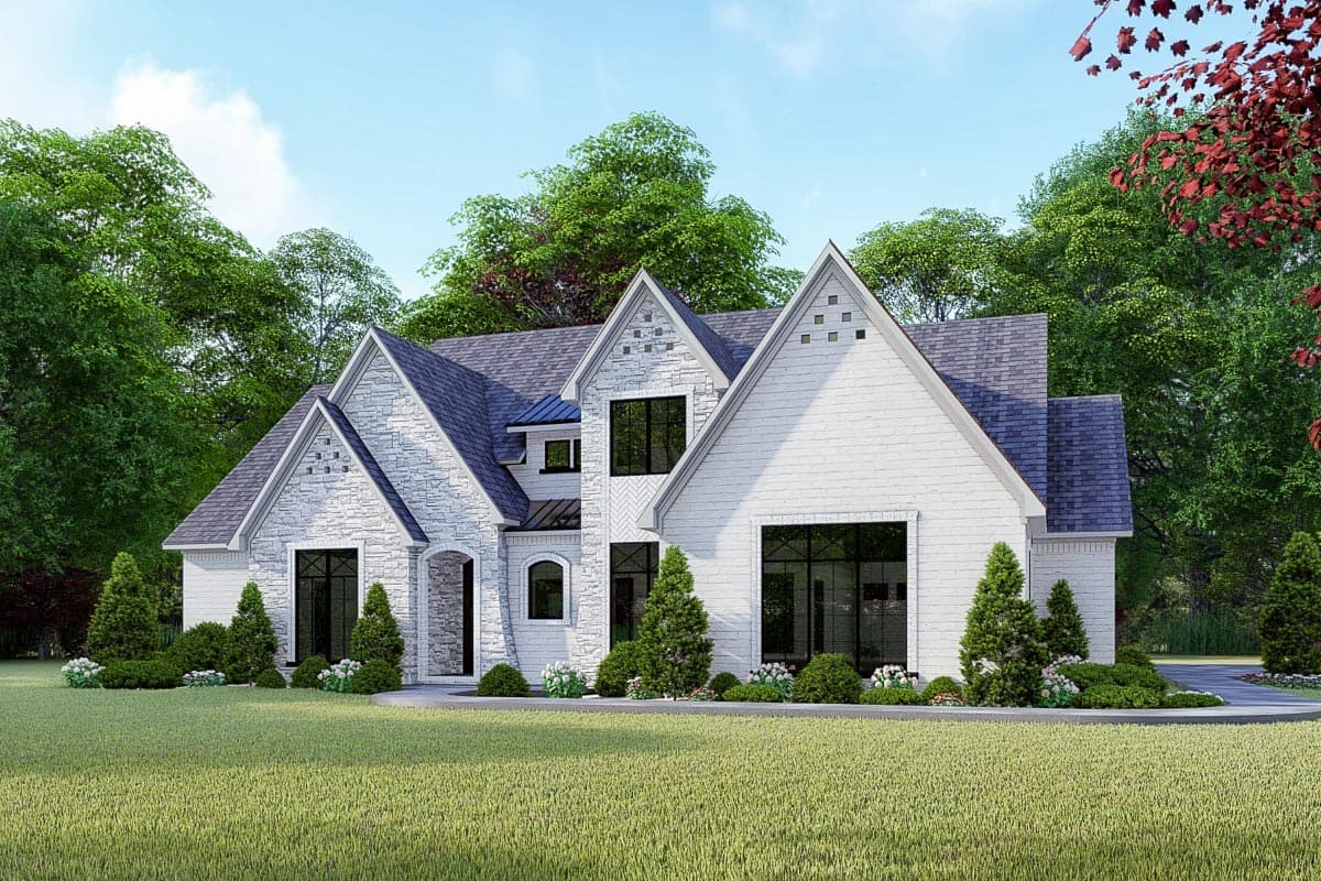 House plan exterior, two stories, white brick and siding, multiple gables, arched entry, and large windows.