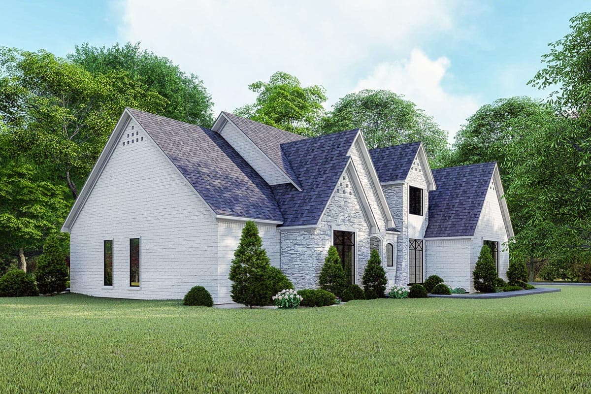 House plan exterior: two-story Modern Farmhouse with white brick, stone accents, prominent gables, and a pitched roof.