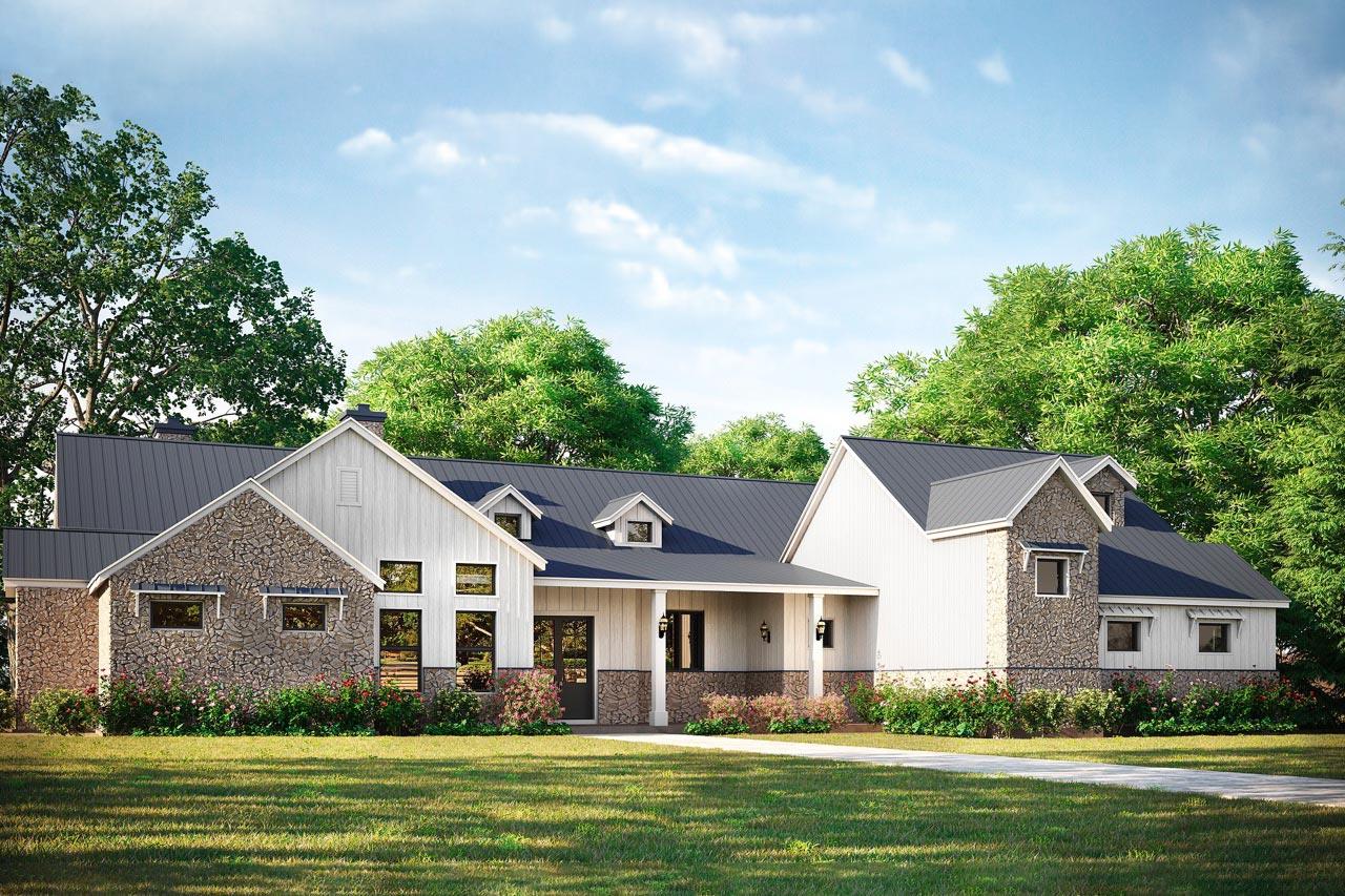 House plan exterior. Modern Farmhouse style with gabled roof, stone accents, and covered front porch. Features dormers and dark metal roof.