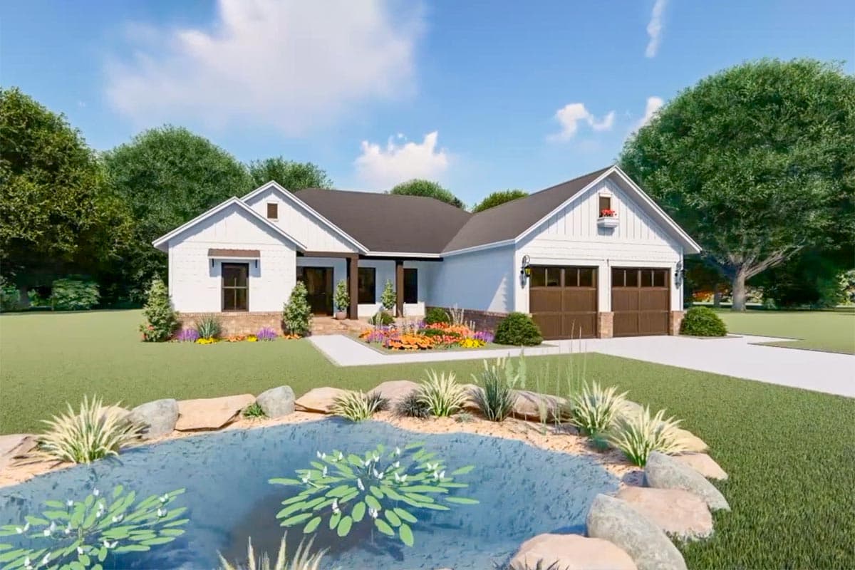 House plan exterior rendering of a one-story Modern Farmhouse with a two-car garage, gables, and covered entry.