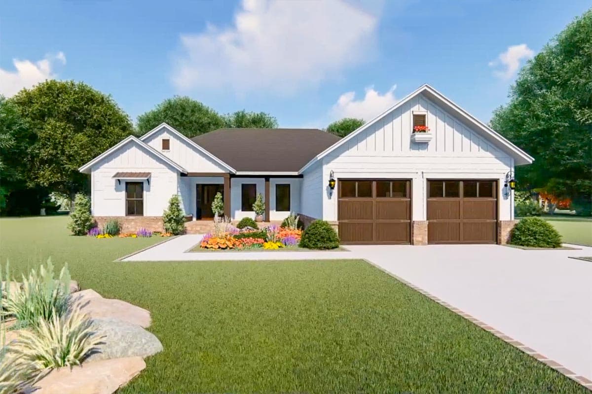 House plan exterior: Modern Farmhouse style, one story, covered entry, board and batten siding, gable dormer, attached two-car garage.