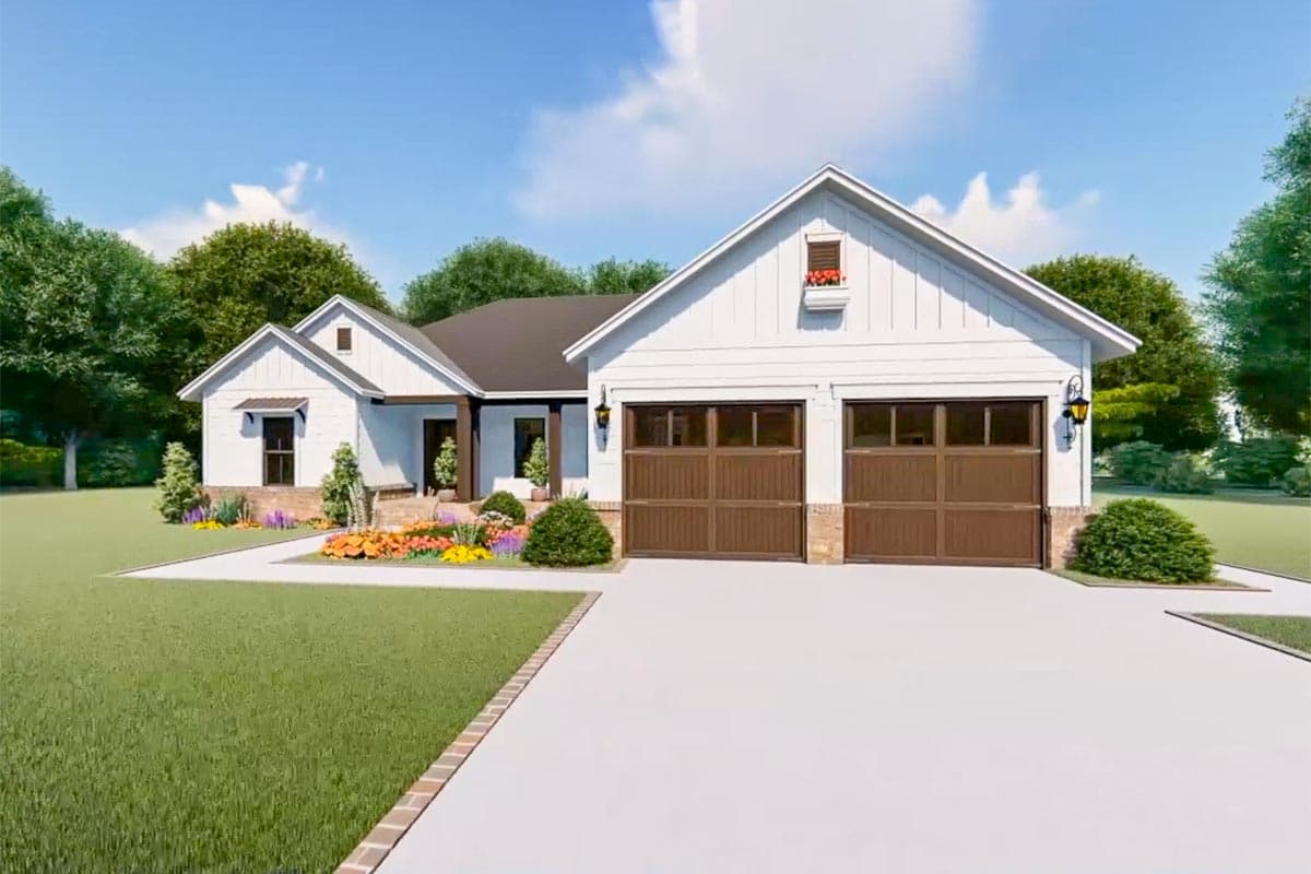 House plan exterior: Modern Farmhouse style, one-story, white board and batten siding, double garage doors, covered entry porch with columns.