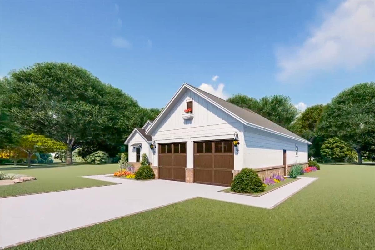 House plan exterior featuring a white siding, gabled roof, two-car garage with brown doors, and brick foundation.