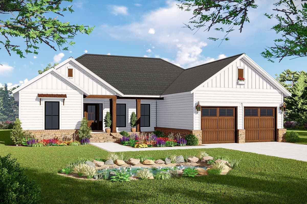 House plan exterior featuring a farmhouse style with gabled roof, covered porch, and two-car garage. Exterior includes decorative trim and stonework.