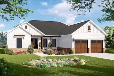 New American Ranch Home Plan with Split Bed Layout - 1600 Sq Ft