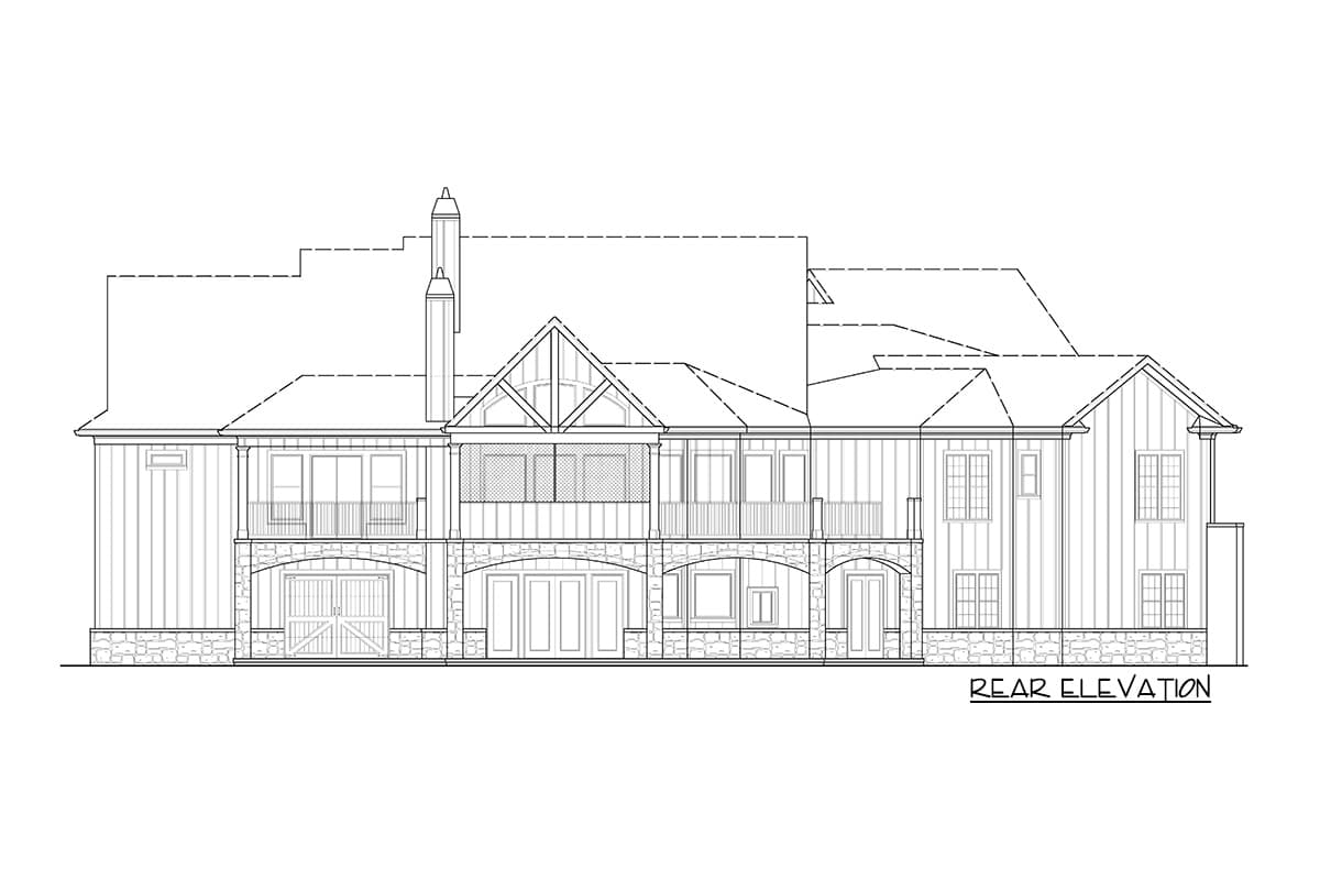Rear elevation house plan showing multiple gables, balconies, stone base, and a carriage-style garage door.