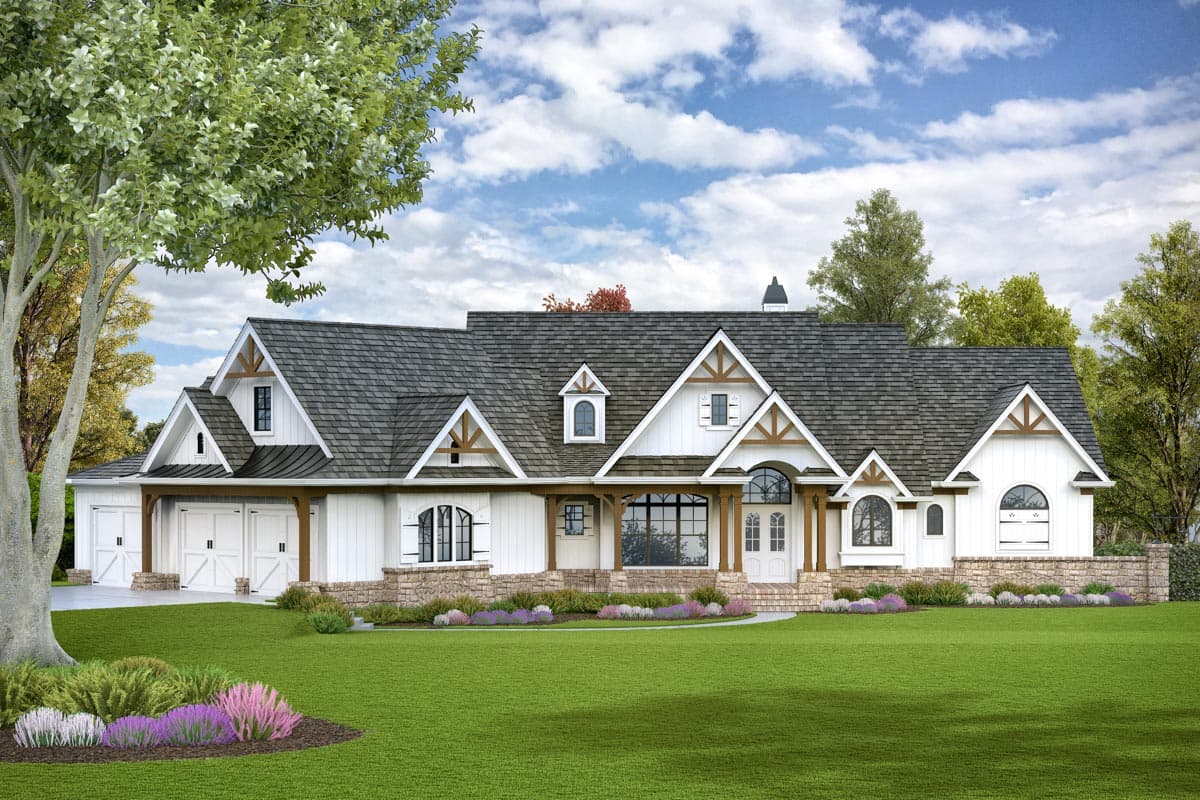 House plan exterior. Farmhouse style with multiple gables, exposed rafter tails, and a front-facing, covered porch with stone accents.