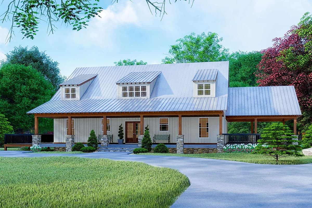 House plan exterior. Modern Farmhouse style with a single story, front porch, dormers, and metal roof.