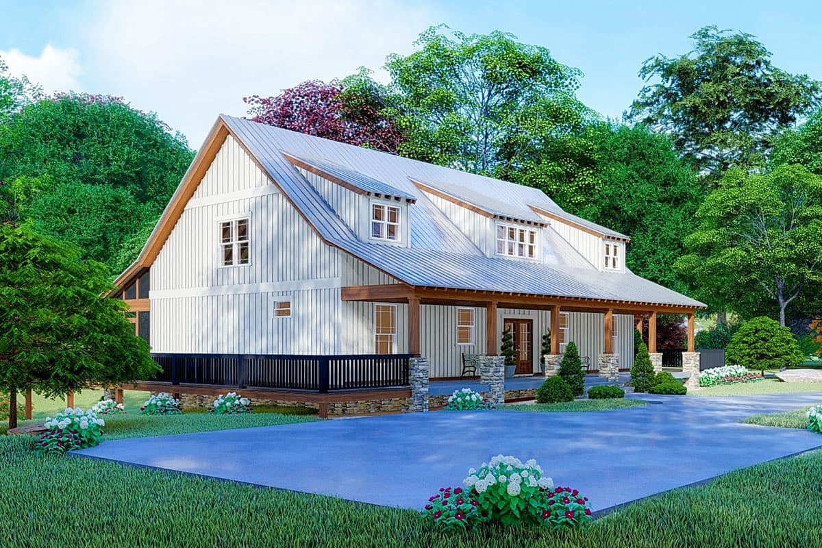 Modern Farmhouse house plan exterior with metal roof, dormers, gables, and wraparound porch.