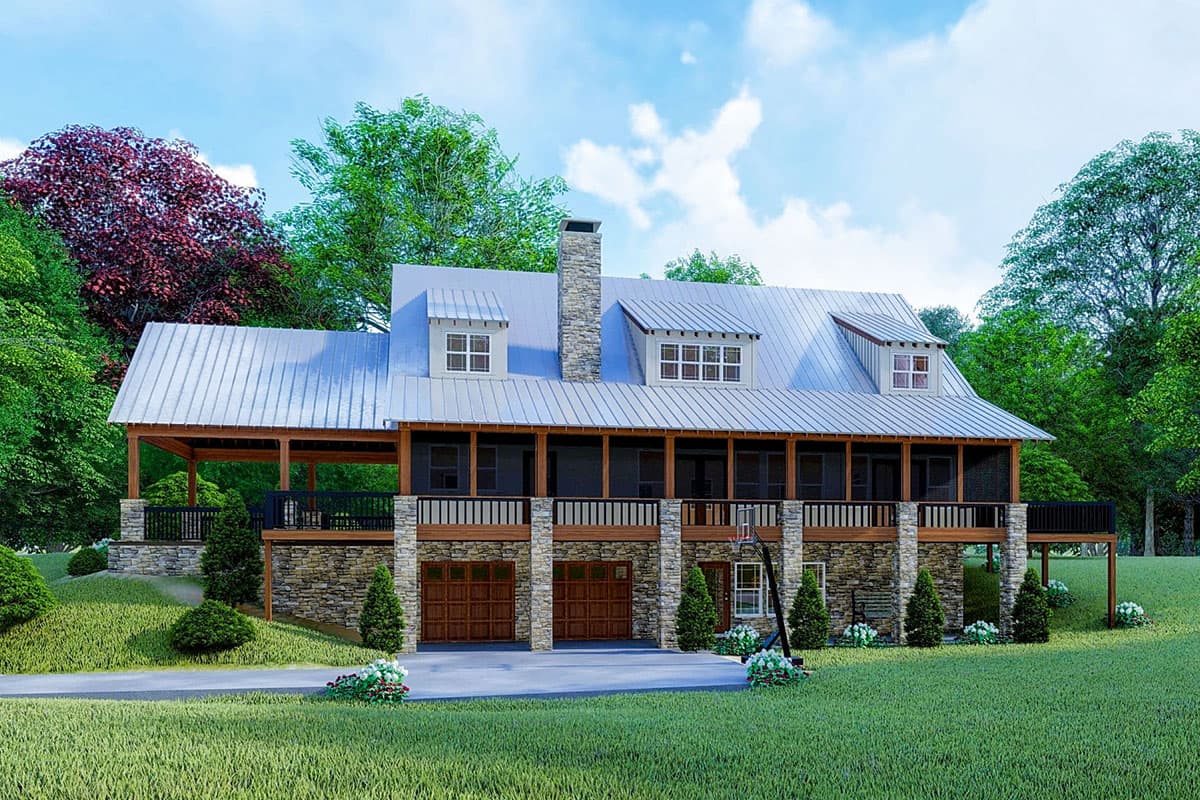 House plan exterior of a two-story Modern Farmhouse with a wraparound porch, metal roof, stone foundation, and attached three-car garage.