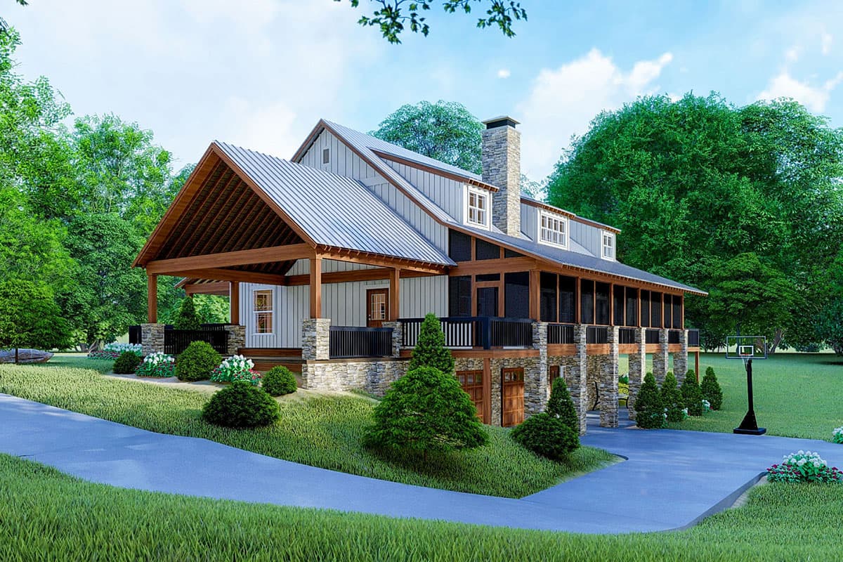 House plan exterior: Modern farmhouse style, two stories, metal roof, wraparound porch, stone foundation, and exposed wooden beams.