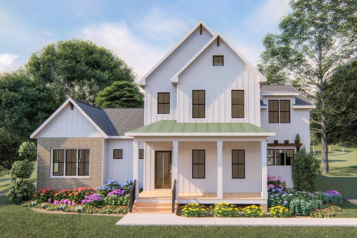 Farmhouse house plan exterior. Two-story home with a gabled roof, front porch, and vertical siding. Stone accents on the lower facade.