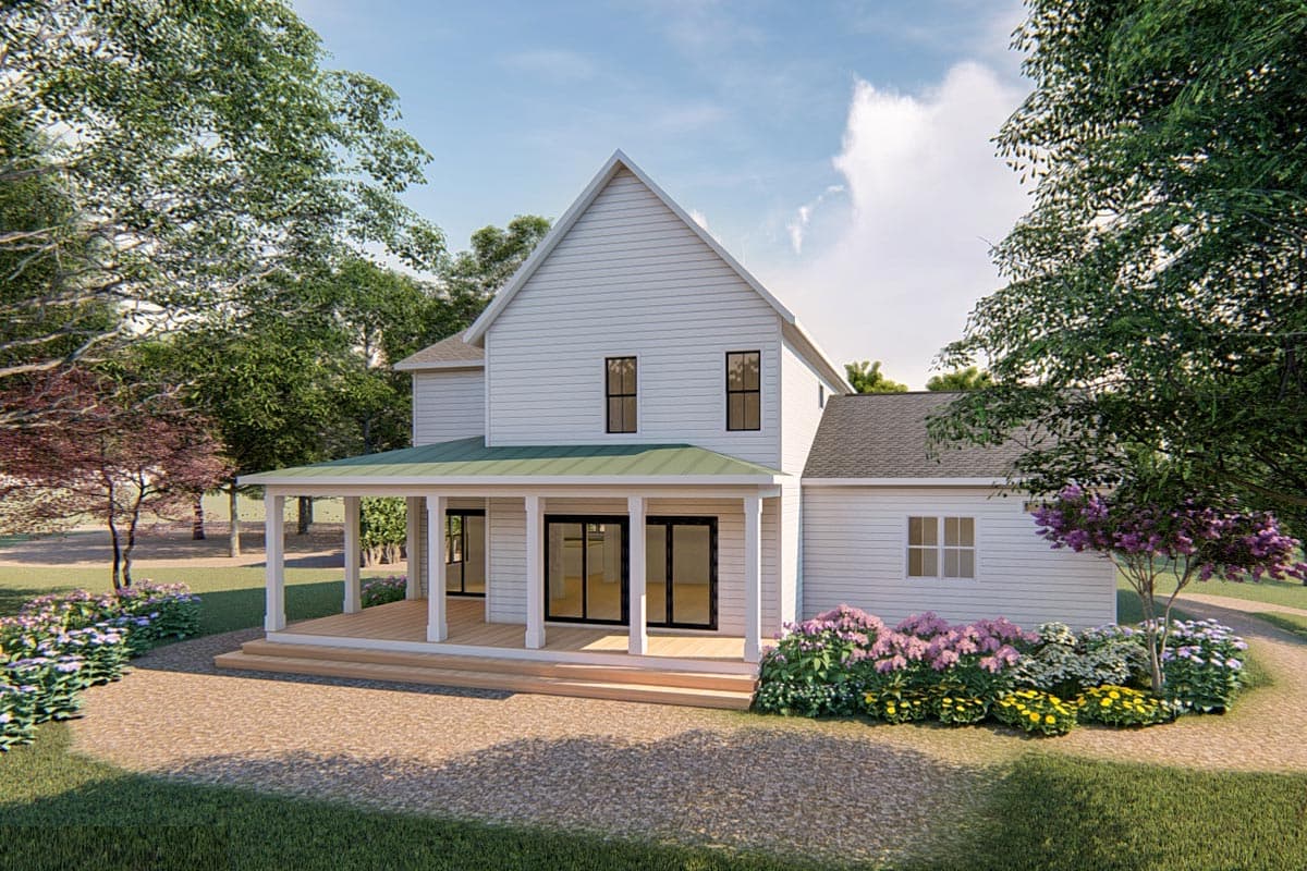 House plan exterior of a two-story Modern Farmhouse with a wraparound porch, gabled roof, and board and batten siding.