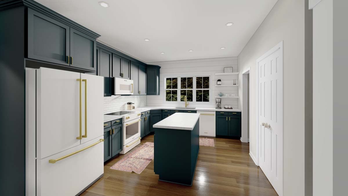 Kitchen rendering with dark cabinets, white countertops, central island, stainless steel appliances, and a large window.