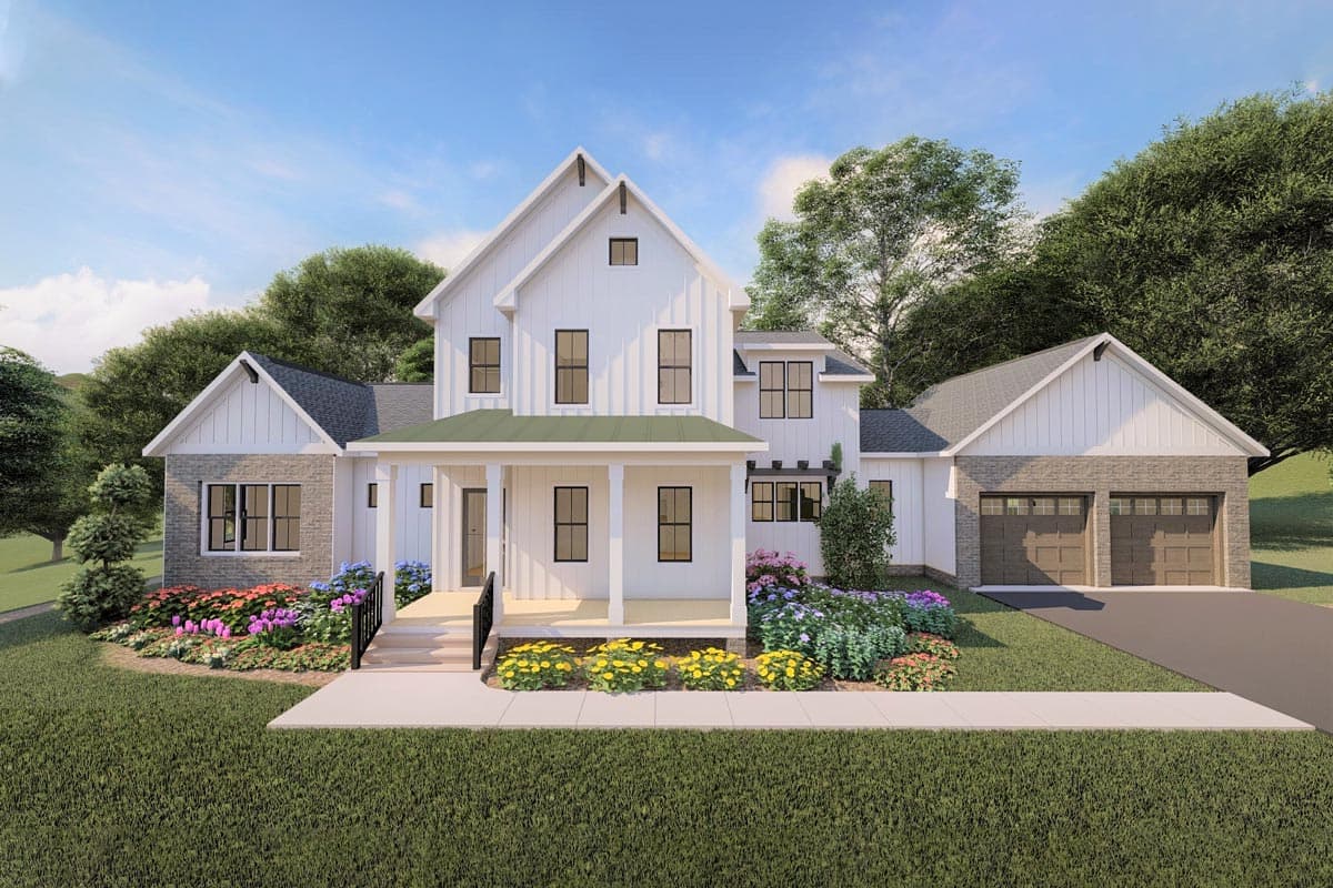 House plan exterior. Modern Farmhouse style with two stories, gabled rooflines, a front porch, and an attached two-car garage.